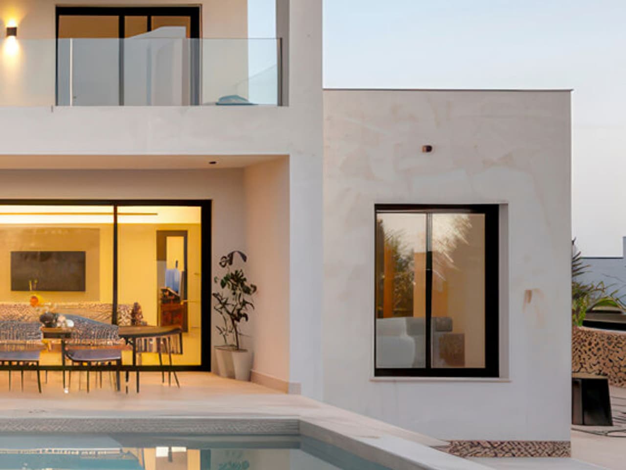 Pool terrace and living room of a modern desert residence at dusk