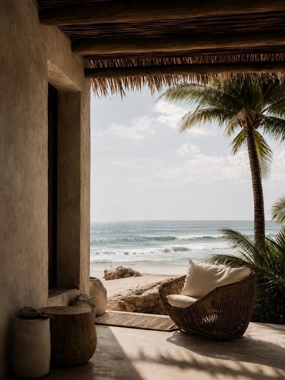 Shaded villa patio with rattan chair looking out to palm trees and turquoise ocean