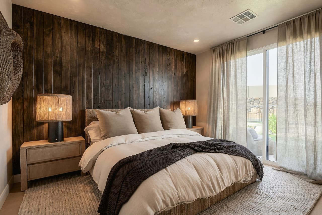 Luxury Surf Suite at Zephyr House — dark wood wall, linen bedding, and a private balcony
