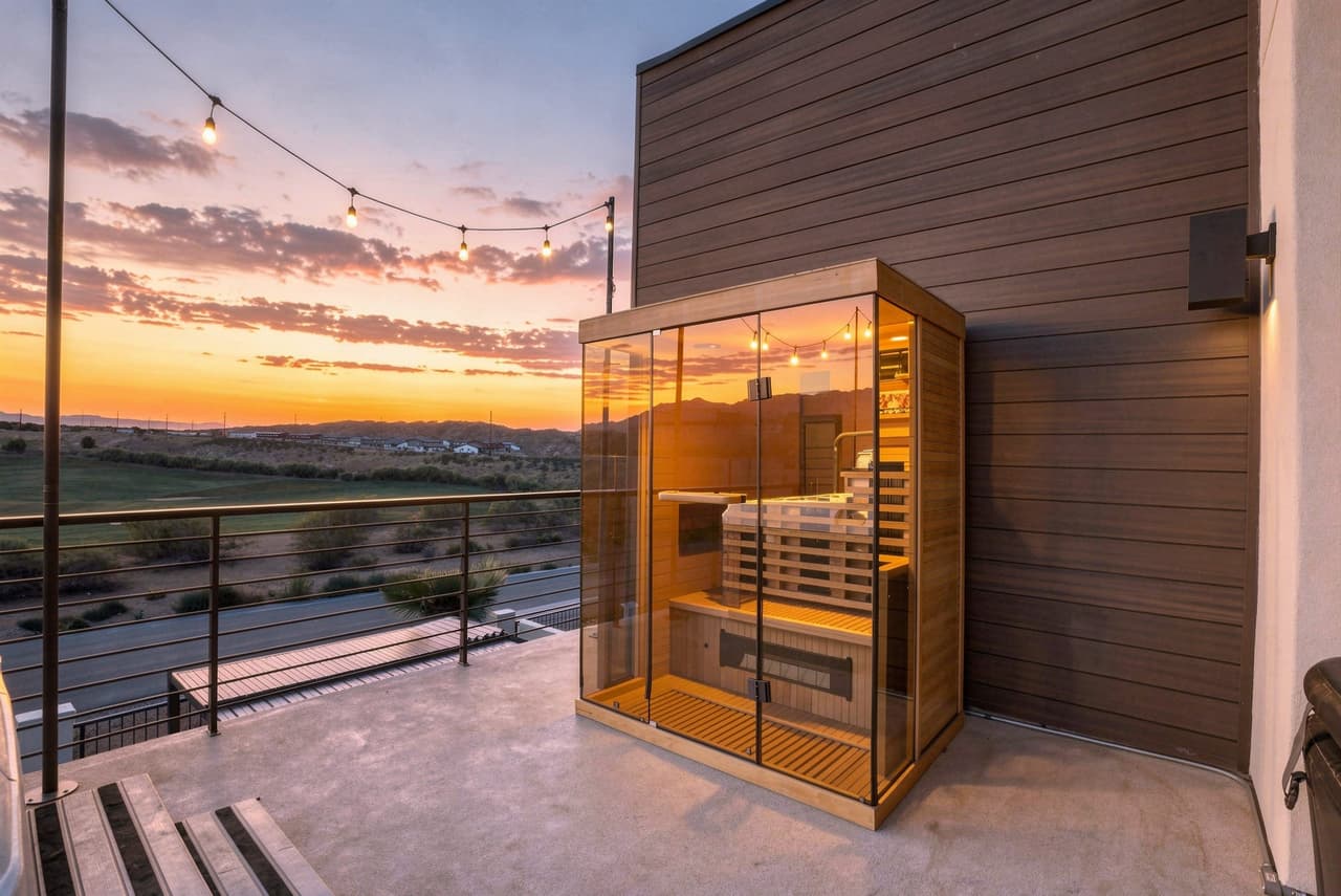 Rooftop infrared sauna at sunset at Zephyr House