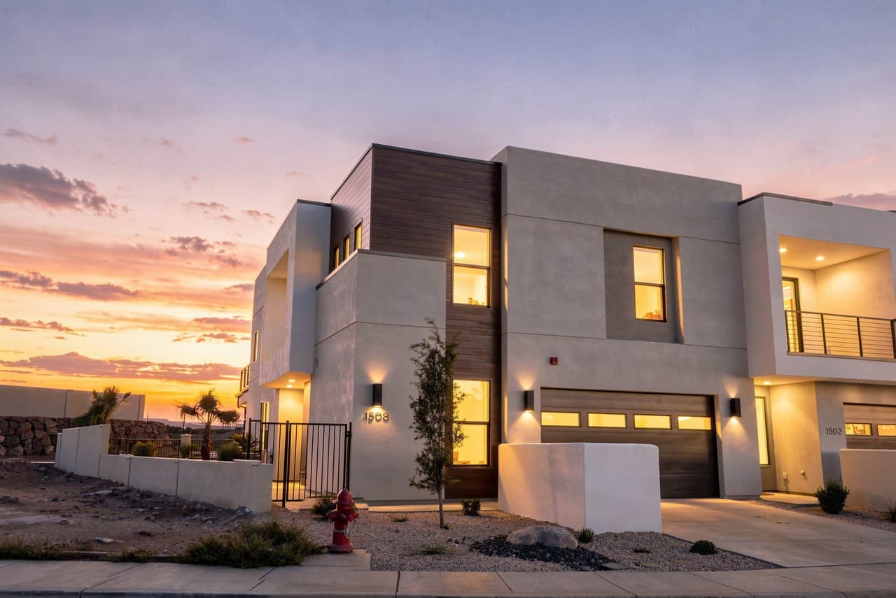 Zephyr House lit at twilight in Washington, Utah