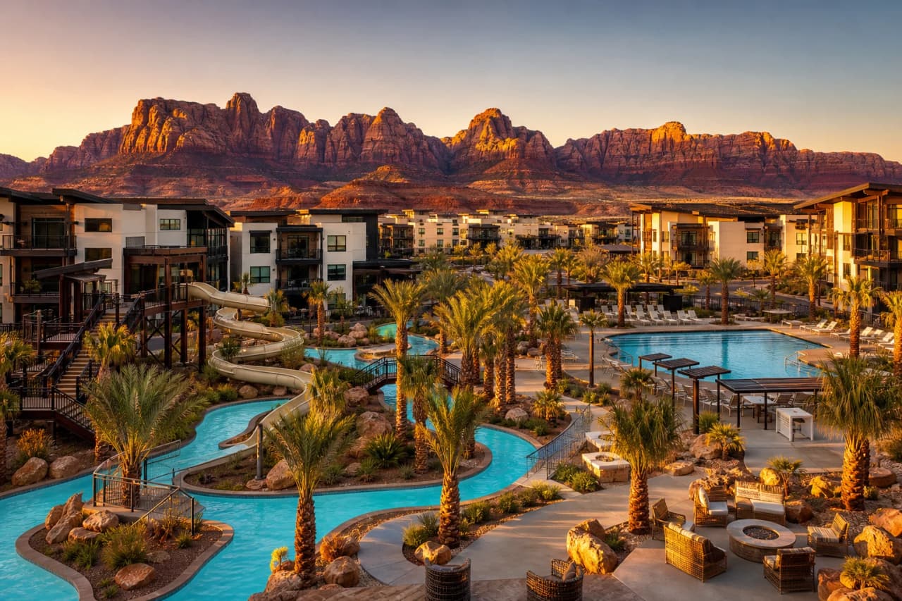 Aerial view of the Terra community at sunset in Washington, Utah