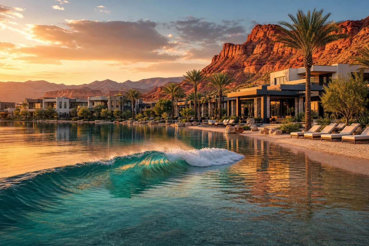 Surf lagoon and wave pool with red rock views at Zion Shores, Saint George Utah