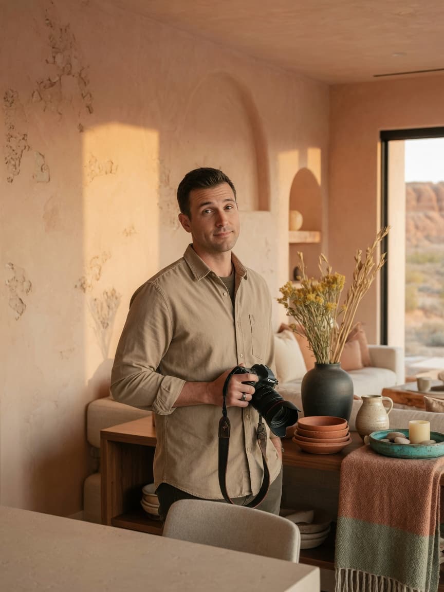 Creative partner with a camera in a styled vacation home interior