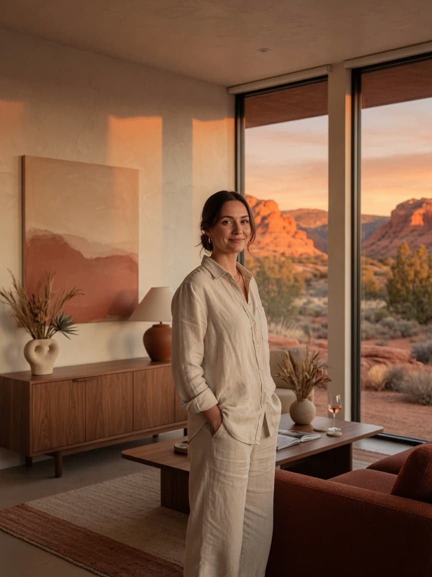 Hospitality team member in a desert-modern living room at golden hour
