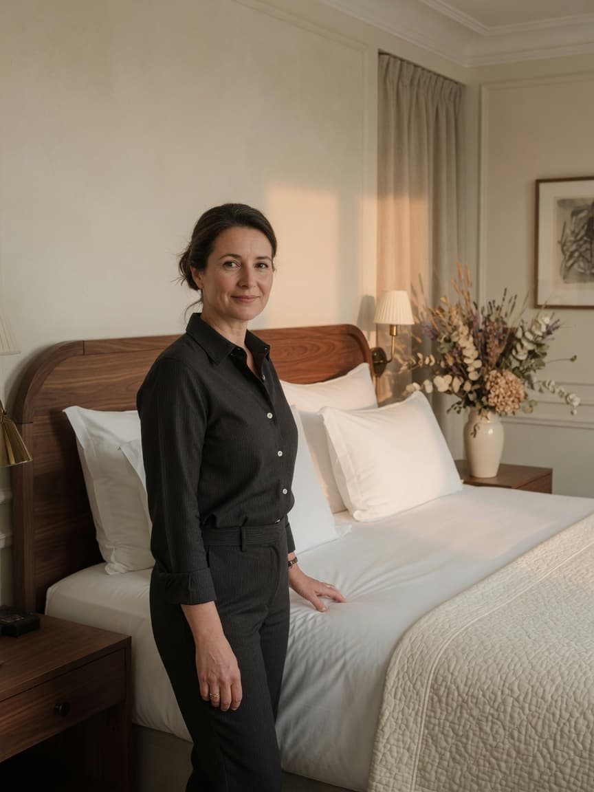 Housekeeping team member in a luxury suite with made linens